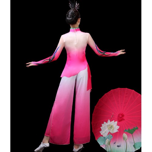 Women pink chinese folk dance costumes Yangko clothing Chinese fan umbrella dance performance costume for women